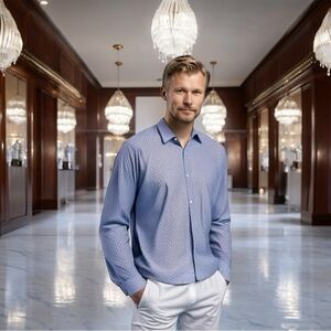 PERRY ELLIS Men's Blue Geo Print Button Front Long Sleeve Shirt Cotton Shirt